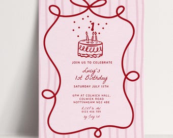 1st Birthday Invitation Template, Printable Hand Drawn Coquette Pink and Red Editable First Birthday Party Digital Download