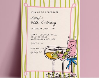 40th Birthday Invitation Template, Cocktail Party Invite, Pink Stripe Birthday Invitation, Editable Corjl Invite