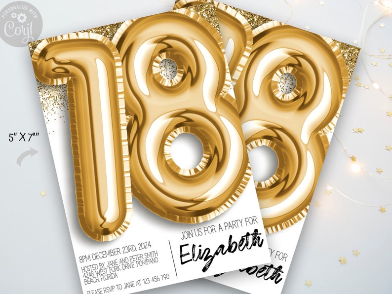 Gold 18th Birthday Invitation Editable Gold Balloons Glitter Etsy