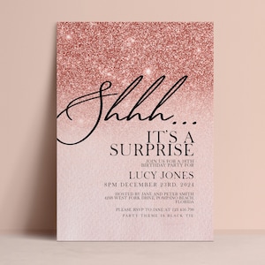 Surprise Party Invitation Template, Shhh Editable Invite, Rose Gold Glitter Digital Download, Blush Pink Printable Card