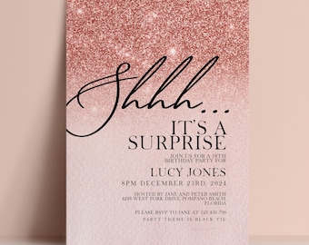 Surprise Party Invitation Template, Shhh Editable Invite, Rose Gold Glitter Digital Download, Blush Pink Printable Card