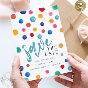 Polka Dot Save the Date Invitation EDITABLE Multi Coloured Spots Invitations Digital Instant download