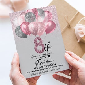 Pink Birthday Any Age Invitation Balloons Editable Printable Pink Glitter Invite Instant Download Editable Template Corjl