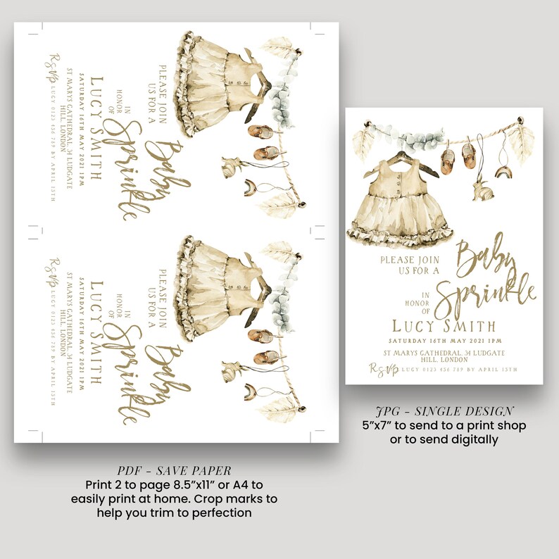 The image is a collage of two images, one larger and one smaller, both featuring illustrations of baby dresses and baby shoes. The larger image is a watercolor print, while the smaller one is a digital print. The text in the image includes details about a baby shower event, such as the names of the hosts, the date and time, and the location.