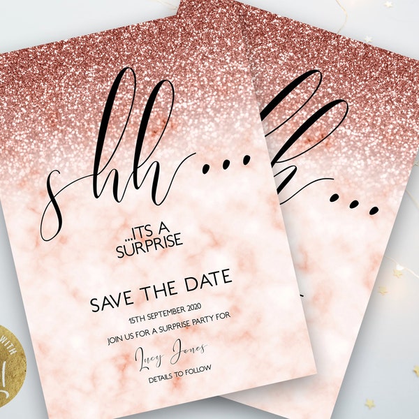 Surprise Birthday Save the Date Shhh it's a Surprise Party Birthday Save the Date Rose Gold Birthday Invitation 40th birthday 50th 30th