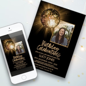 Disco Ball Invitation Gold Birthday Invitation with photo Template All text Editable Any Occasion Any Age Printable Invite Instant download