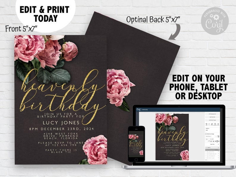 Editable Birthday Invitation Template Gold Glitter Floral Etsy UK