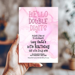 Double Digits Pink Invite Girl 10th Birthday Party Invitations Printable Pastel Pink Party Editable Digital Download Template
