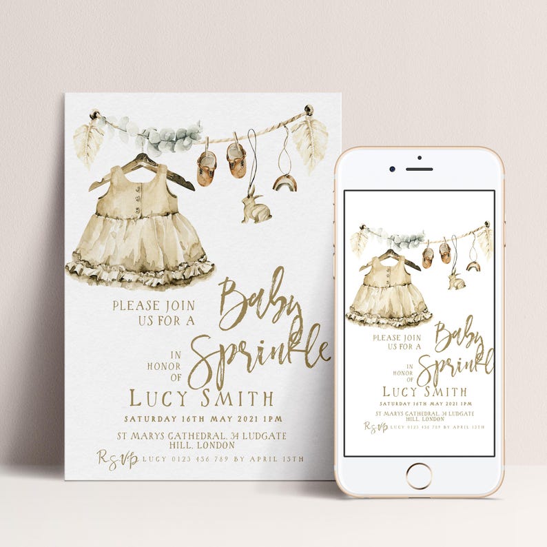 The image is a baby shower invitation featuring a dress and baby-related elements, along with a smartphone displaying a similar invitation.