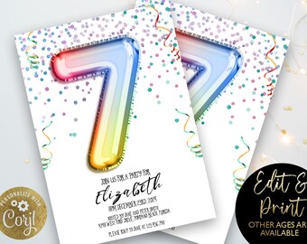 7th Birthday Invitation Editable Template Rainbow Balloon Invite 7 Year Old Invite Party Celebration Digital Download RB12