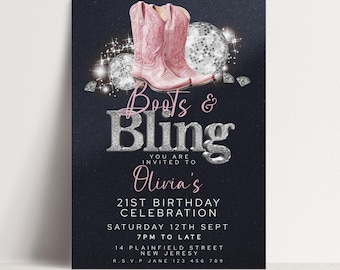 Invitación de vaquera con botas y brillos, cumpleaños número 21 rosa con purpurina (plantilla editable de Corjl, temática disco western, 5x7 pulgadas)