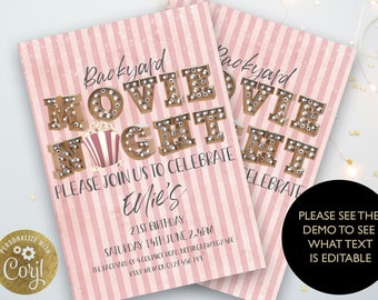 Backyard Movie Night Birthday Invitation Pink Editable Movie Under the Stars Outdoor Backyard Movie Party Popcorn Digital Download Girl