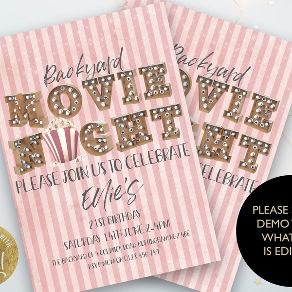 Backyard Movie Night Birthday Invitation Pink Editable Movie Under the Stars Outdoor Backyard Movie Party Popcorn Digital Download Girl