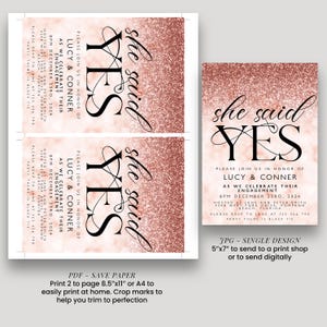 a pink glitter design with the text "she said yes" and instructions for sending a print to a print shop or digitally. It also includes a single design for a 5"x7" to send to a print shop or to send digitally.