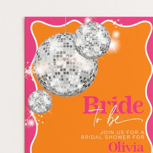 The image is a vibrant invitation card for a bridal shower, featuring a disco ball and the text "Bridal to be" in a playful and festive style.