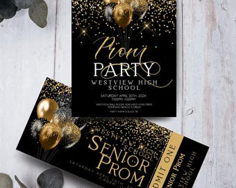 Prom Invitation Editable Ticket Set, Black Gold Balloon Theme (Printable 5x7 Invite, Corjl Template, Glitter Graphic)