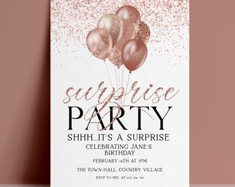 Surprise Party Invitation, Editable Rose Gold Balloon Birthday Invite, Shhh Digital Download, Printable Template, Glitter Blush