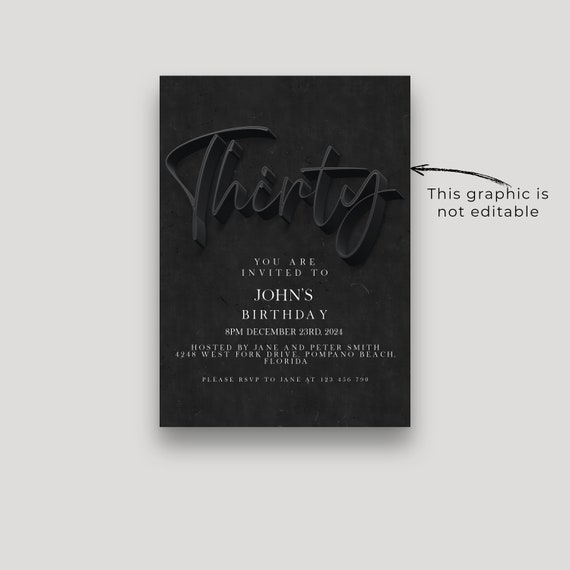 30th Birthday Invitation Editable 30th invite Black invitation Simple Elegant For Him or Her  Instant Download Printable SE19