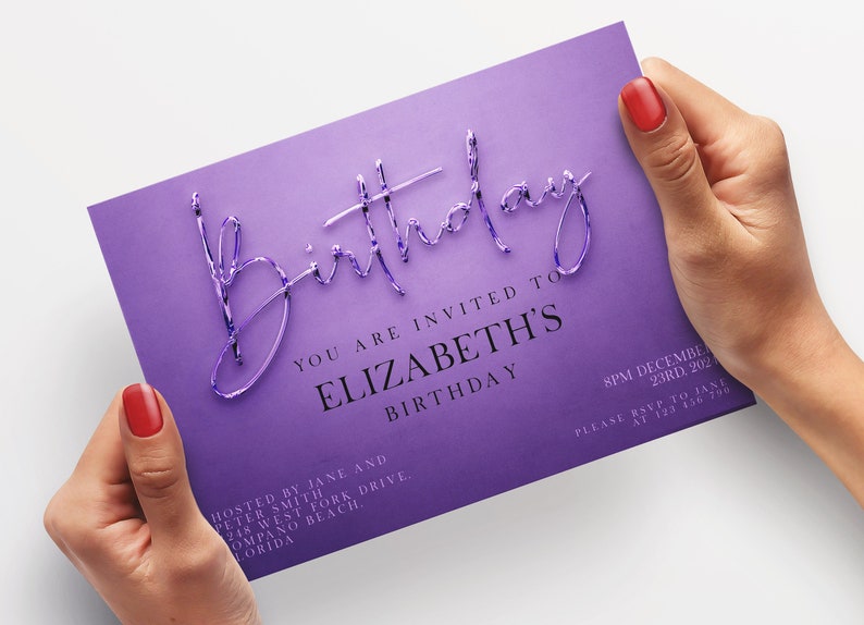 Purple Birthday Elegant Invitation Birthday Party Simple Invitation Purple Ombre Liquid Metal Invitation image 1