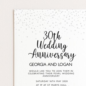 The image is a wedding anniversary invitation for Georgia and Logan, celebrating their 30th wedding anniversary. The invitation is for Saturday, 16th May 2020 at 1 PQ at St Mary's Hall.