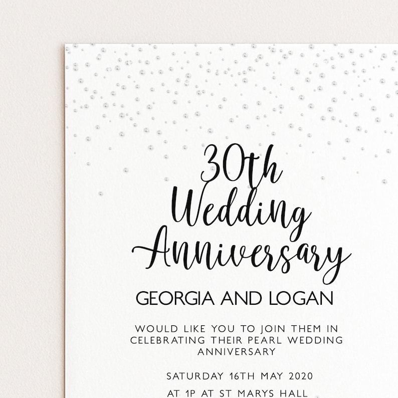 The image is a wedding anniversary invitation for Georgia and Logan, celebrating their 30th wedding anniversary. The invitation is for Saturday, 16th May 2020 at 1 PQ at St Mary's Hall.
