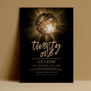 21st Birthday Invitation Template, Disco Ball Editable Invite, Gold Black Digital Download, Twenty One Printable Card