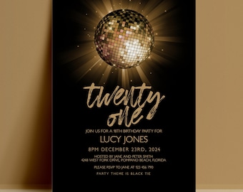 21st Birthday Invitation Template, Disco Ball Editable Invite, Gold Black Digital Download, Twenty One Printable Card