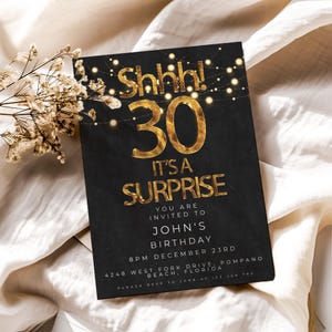 Invito a sorpresa per il 30° compleanno, modello modificabile, nero e oro, semplice ed elegante, per lui o per lei, download immediato, stampabile SE20
