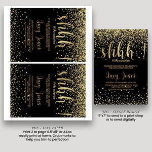 a black and gold wedding card with gold glitter