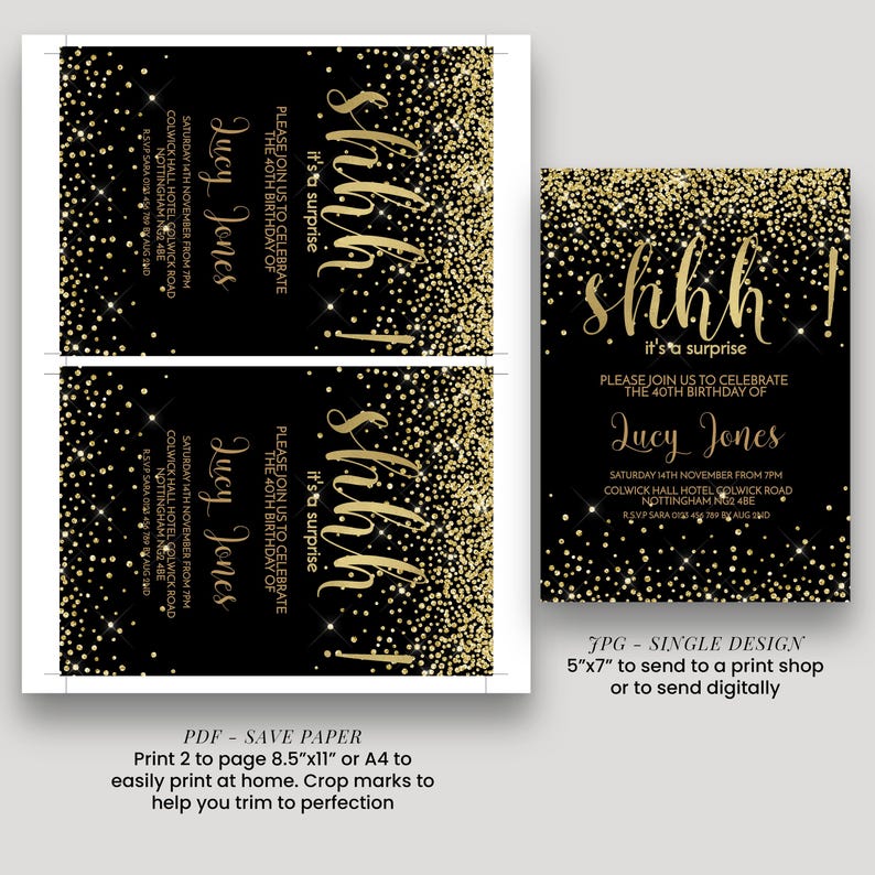 a black and gold wedding card with gold glitter