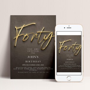 a birthday invitation for John's 40th birthday, with a dark background and gold text. The invitation is for a party on December 23rd, 2023, hosted by Jane and Peter Smith at 452 Westport Road, Palm Beach, Florida. The invitation invites guests to attend the party at 125, 290.
