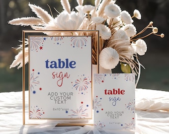 Editable Firecracker Table Sign, 4th of July Party Decor, Red White Blue (5x7 & 8x10, Corjl Editable Template)