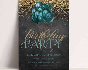 Birthday Party Invitation Teal Balloons Chalkboard: Gold Glitter Editable Template, Instant Download | 5x7 Printable, DIY Invite