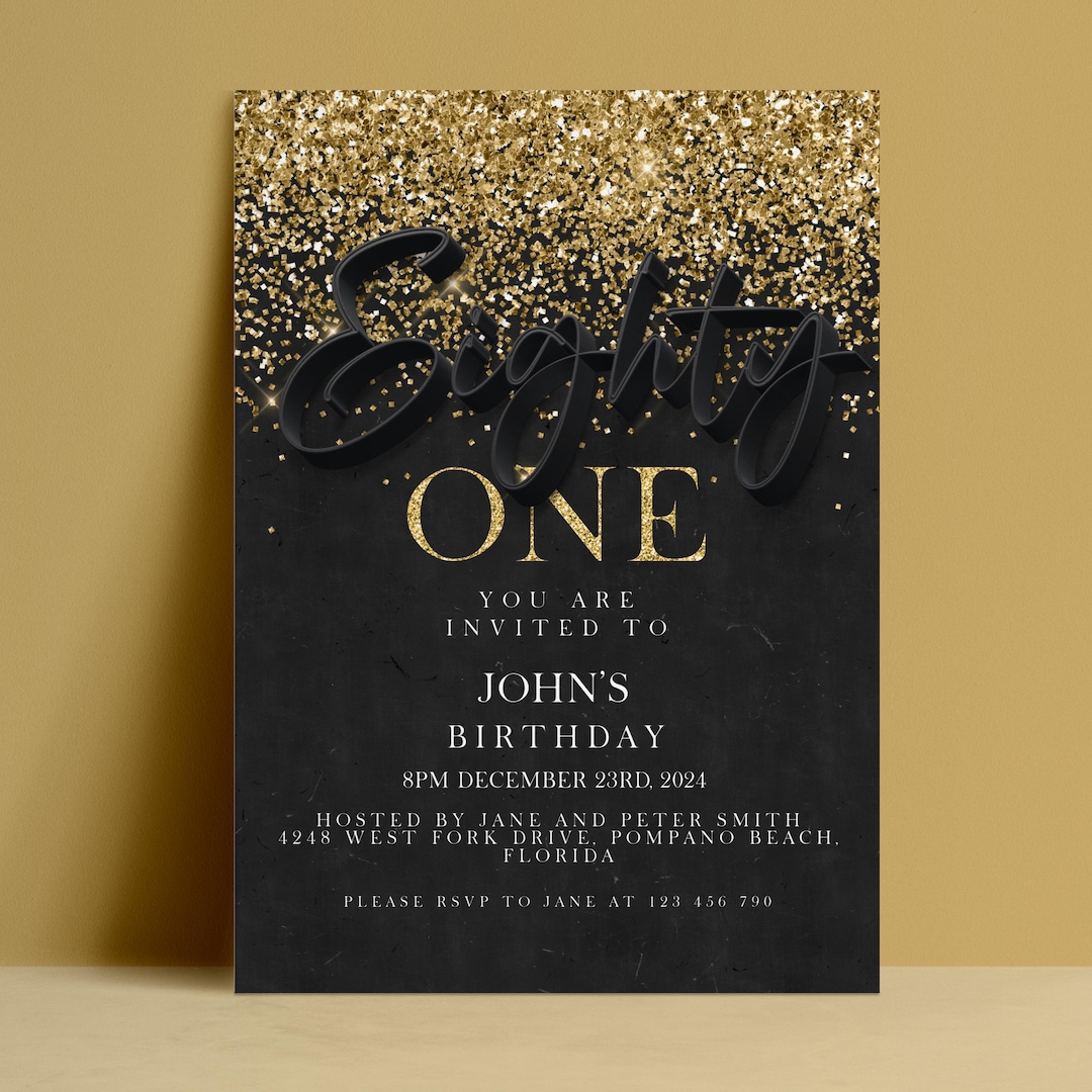 NUMBER (N)INE STANDARDS期 invitations 81st Birthday Invitation, Editable Black Gold Eighty One Party