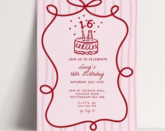 16th Birthday Invitation Template, Printable Hand Drawn Coquette Pink and Red Editable Sixteen Birthday Party Digital Download