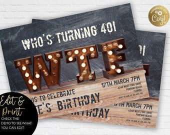 Birthday Invitations Editable 40th Birthday Invitation, WTF Grunge Style (Instant Download, Printable PDF/JPG, 5x7 Inches)