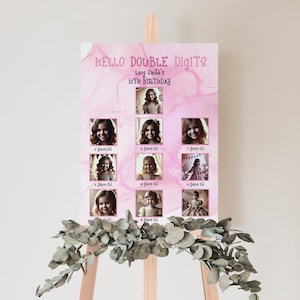 Personalisiertes Meilensteinschild zum 10. Geburtstag mit Fotos im Alter von 1-10 Jahren, individuelles Geburtstagsschild, zweistelliges Partydekor für Mädchen