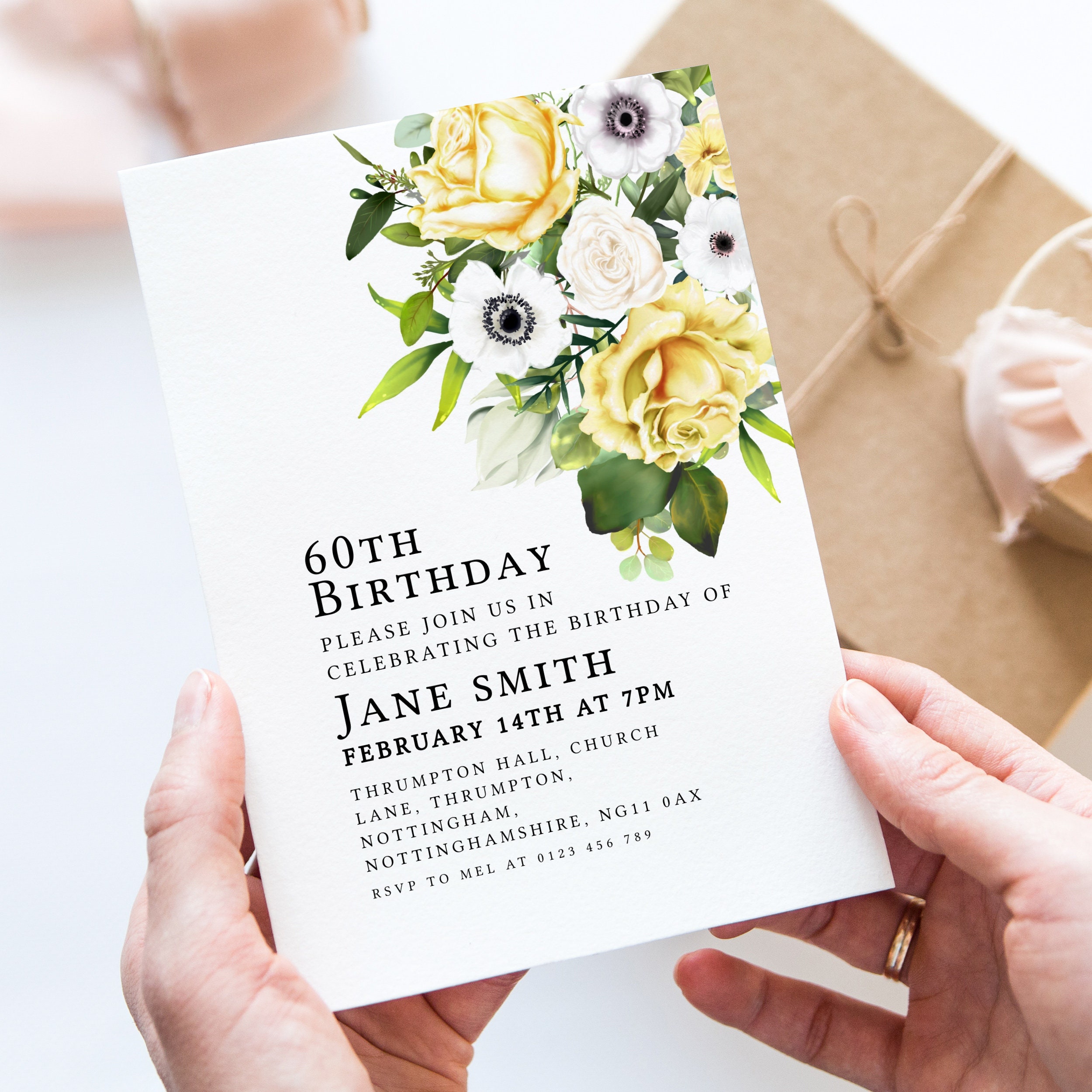60th Birthday Invitation Yellow and White Flowers Template - Etsy