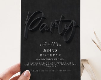 Birthday Invitations Editable Black Party Invite - Simple Elegant Design, Instant Download, DIY Template, Printable PDF
