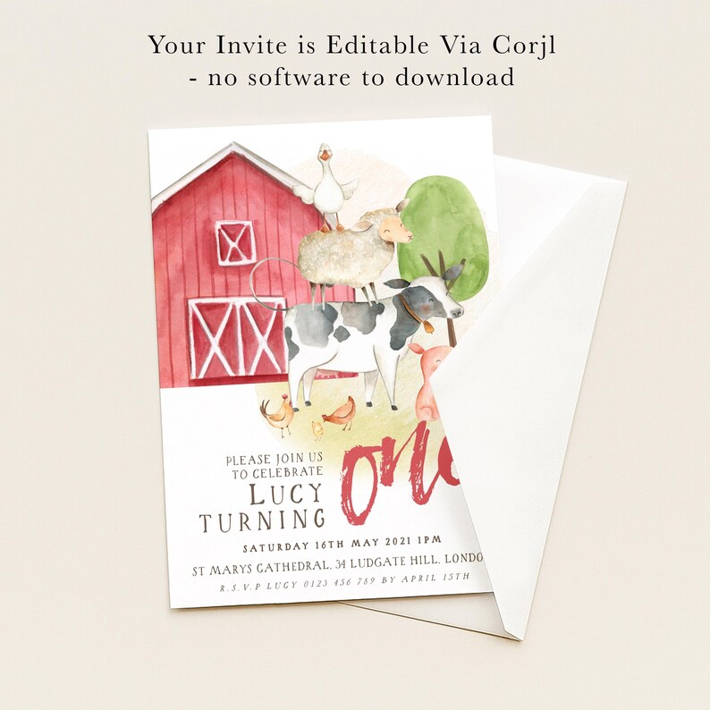 The image is a birthday invitation for a girl named Lucy, featuring a red barn, farm animals, and a farm scene.