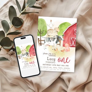 Modèle Corjl modifiable d'invitation de premier anniversaire dans la cour de ferme avec des animaux à l'aquarelle, invitation à une fête de basse-cour pour un 1er anniversaire de fille ou de garçon FM56