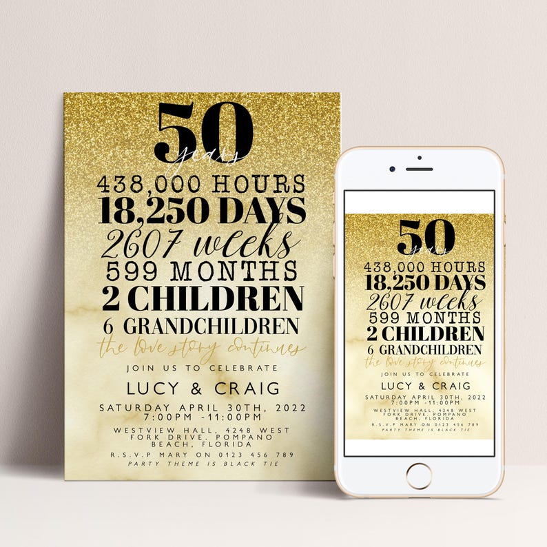 a 50th anniversary invitation for a couple celebrating their 50th wedding anniversary. The invitation features a gold glitter background with the couple's names and the text "50 years" prominently displayed. The invitation also includes details about the celebration, such as the date, time, location, and RSVP information.