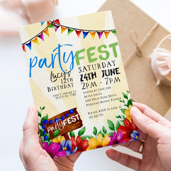 PartyFest Festival Theme Birthday Invitations Bright Editable Instant Download Template All Text Editable Any Age Occasion FST