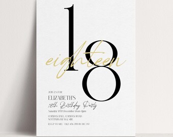 18th Birthday Invitation Template Woman White Gold 18th Party Printable Template, Elegant Milestone Birthday, Editable Digital Download