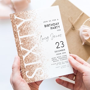 60th Birthday Invitation Template Rose Gold White Adult Invite Printable Editable Instant download