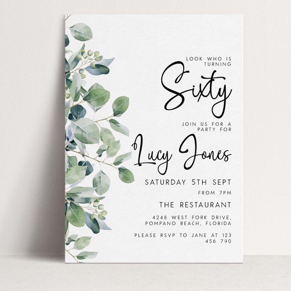 60th Birthday Invite Editable Template - Greenery Party Invitation - Printable 5x7 Card, Digital Download, Easy Online Editing