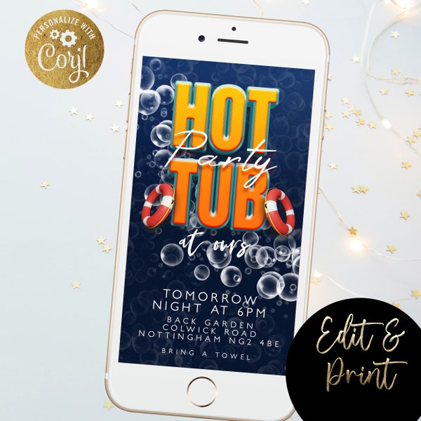 Hot Tub Party  Invitation Paperless Mobile  Digital Invitation  Editable Birthday mobile phone invite Template SMS Invitation