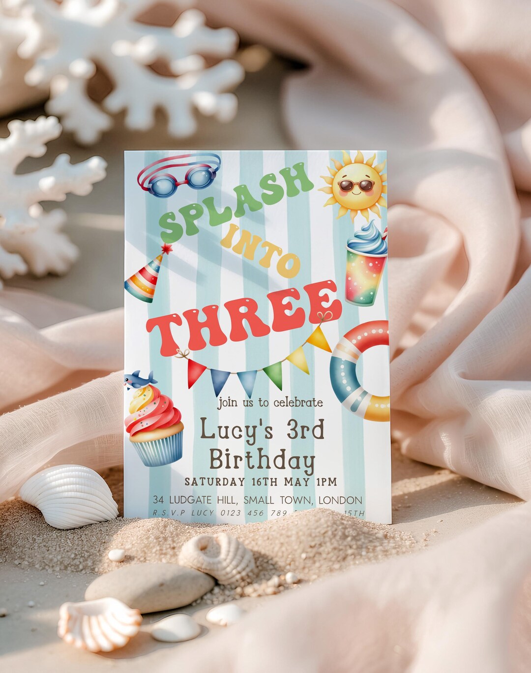 Splash Into Three Birthday Invitation, Editable Pool Party Invite for