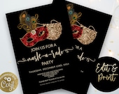 Mask-a-rade Party Invitation Party Signs Red Gold Glitter Masquerade Quarantine Social Distance Party Editable Printable Instant Download Il_170x135