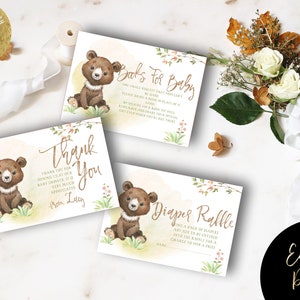 Wald-Baby-Dusche-Vorlagen Bücher für Baby, Windel Raffle, Dankeschön-Karte bearbeitbar Instant Download Printable BT56